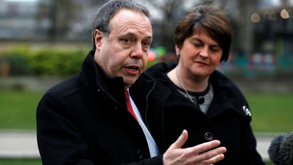 DUP deputy leader Nigel Dodds with party leader Arlene Foster, outside the Palace of Westminster in London earlier this week. Photograph: Peter Nicholls/Reuters