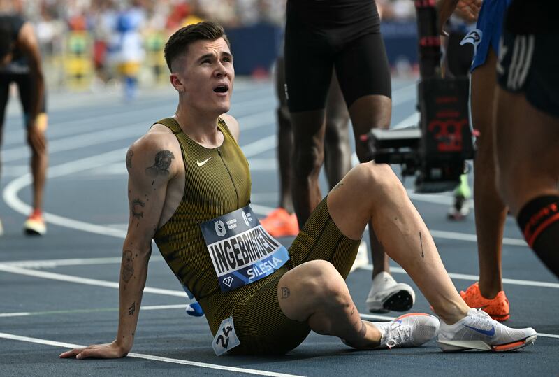 Norway's Jakob Ingebrigtsen reacts after setting a new world record in the men's 3000m of the Silesia Diamond League athletics meeting in Chorzow, Poland. Photograph: Sergei Gapon/AFP/Getty Images