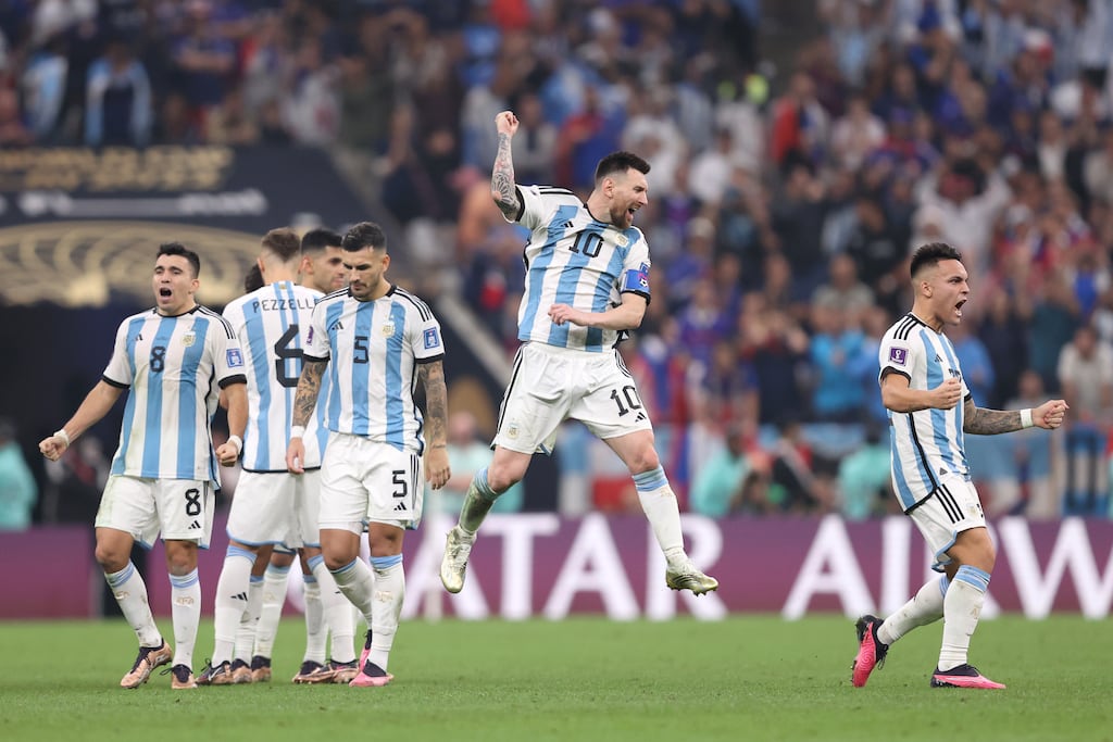 Argentina captain Lionel Messi reacts during the penalty shoot-out against France in the World Cup final at Lusail Stadium. Photograph: Julian Finney/Getty Images