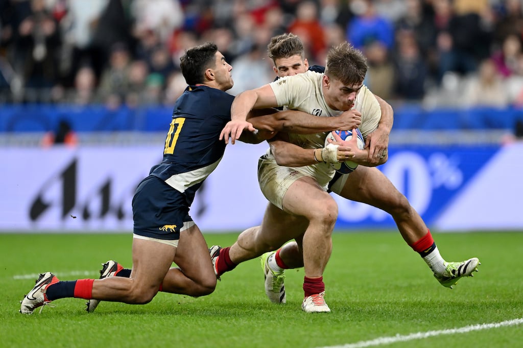 Theo Dan of England scores his team's second try during the Rugby World Cup France 2023 Bronze Final match. Photograph: Dan Mullan/Getty