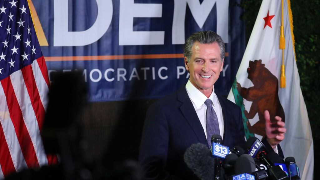 Californian governor Gavin Newsom reacts to the news that the recall effort against him had failed. Photograph: Jim Wilson/The New York Times