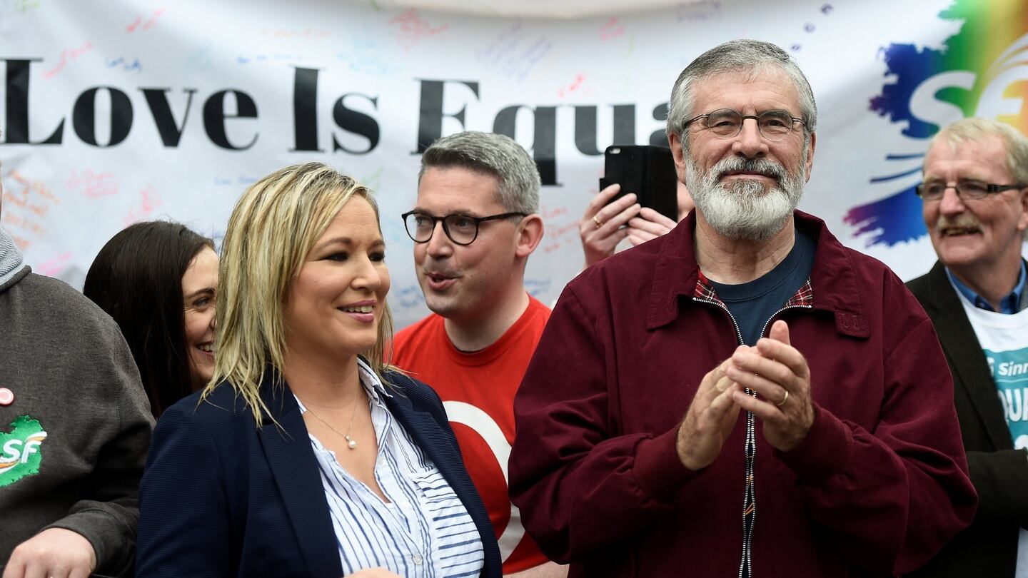 Sinn Fein president Gerry Adams and the party’s Northern leader Michelle O’Neill join demonstrators participating in the ‘March For Marriage’. Photograph: Clodagh Kilcoyne/Reuters