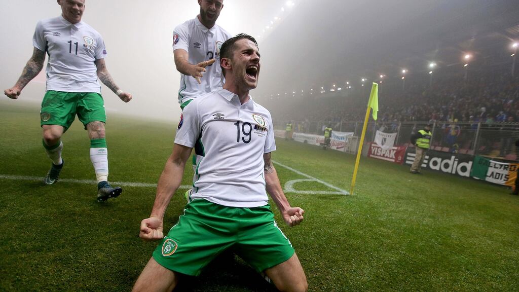 Robbie Brady celebrates after opening the scoring against Bosnia-Herzegovina in the Euro 2016 play-off first leg in Zenica. Photograph: Donall Farmer/Inpho