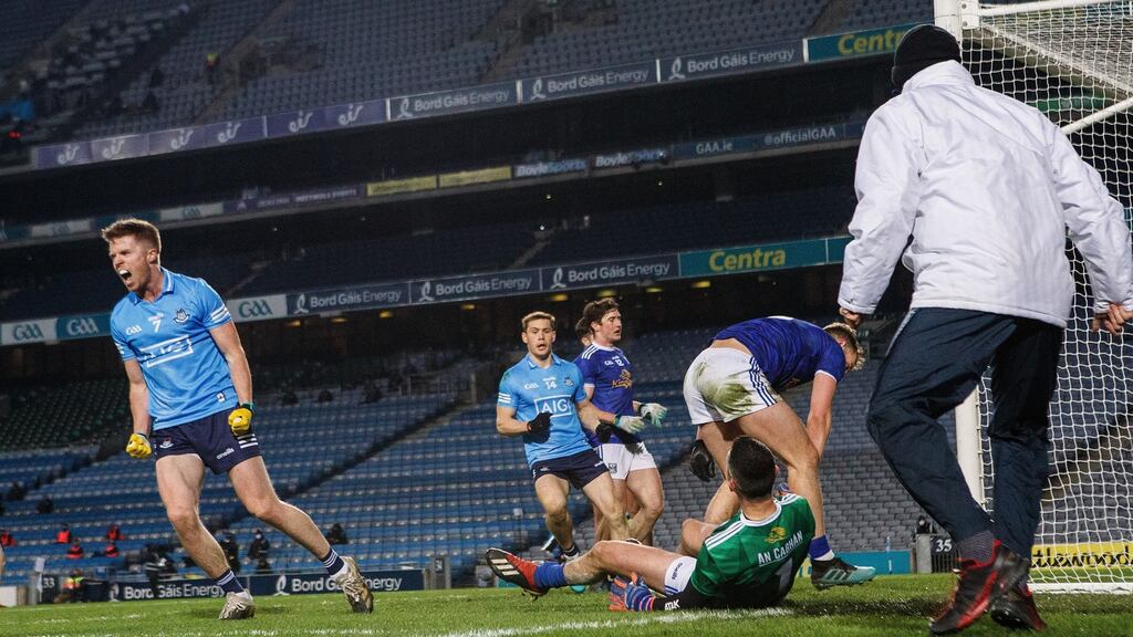 Robbie McDaid celebrates scoring Dublin’s goal during the All-Ireland SFC semi-final against Cavan at Croke Park. Photograph: James Crombie/Inpho