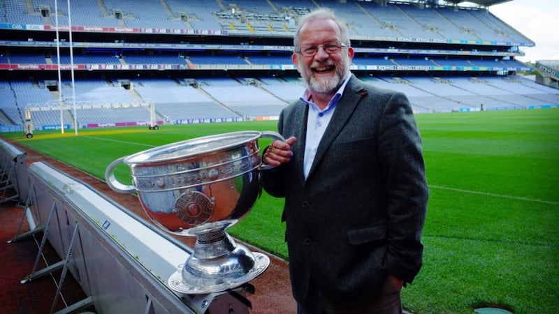 Jerry Grogan PA stadium announcer for Croke Park with the Sam Maguire Cup which he is responsible for on the day of the All Ireland Final which takes place on Sunday between Dublin and Kerry. Photograph: Bryan O’Brien / The Irish Times
