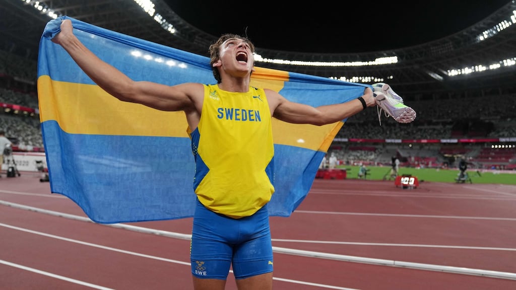 Sweden’s Armand Duplantis after winning gold in the men’s pole vault in Tokyo. Photograph: Matthias Schrader/pool/AFP via Getty Images