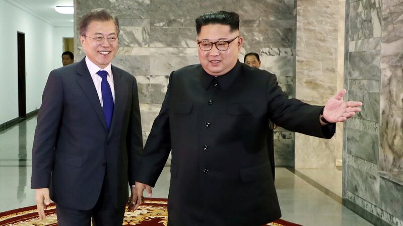 South Korean president Moon Jae-in and Kim Jong-un. Photograph: South Korea Presidential Blue House/Yonhap via AP
