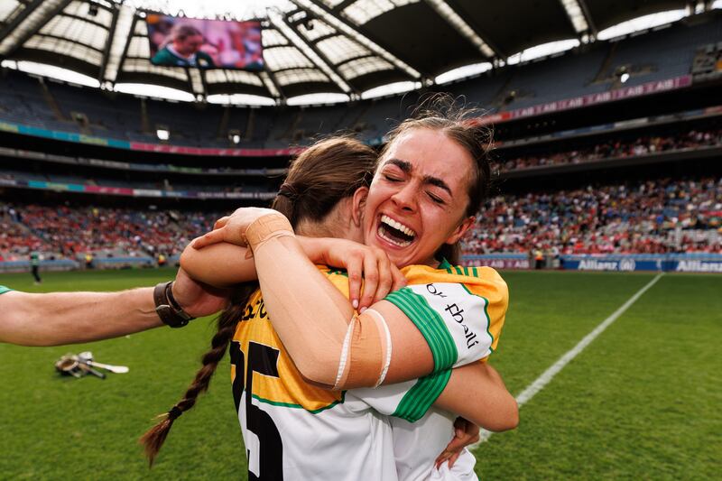 Offaly's Sharon Shanahan and Aoife Hoctor celebrate after the final whistle. Photograph: Ben Brady/Inpho