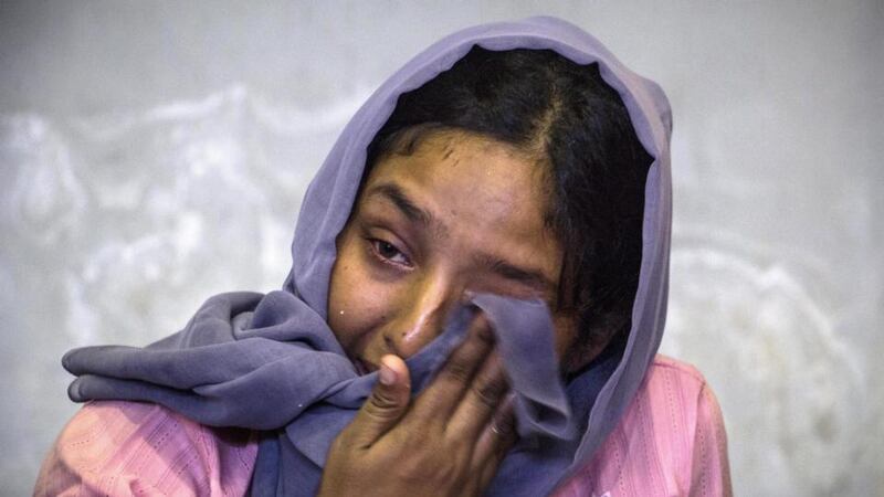 Humahai, a Rohingya migrant from Myanmar, in Lhok Sukon Sport Stadium, Sumatra, Indonesia, after being rescued from a drifting boat off the North Aceh coast. Photograph: EPA/Zikri Maulana