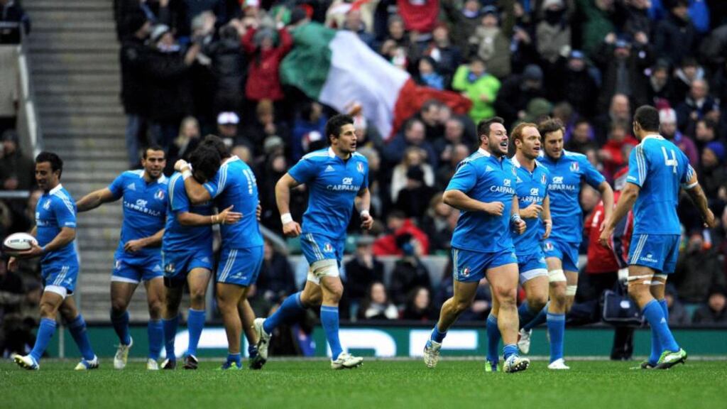 Italy celebrate a try against England during the Six Nations match at Twickenham on Sunday. Photograph: Tim Ireland/PA Wire.