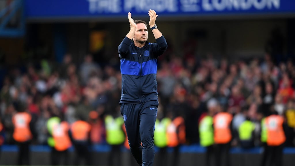Frank Lampard applauds the Chelsea fans following the 2-1 home defeat by Liverpool at Stamford Bridge. The man overseeing the hoped-for miracle is Chelsea’s good old days in human form. Photograph: Laurence Griffiths/Getty Images