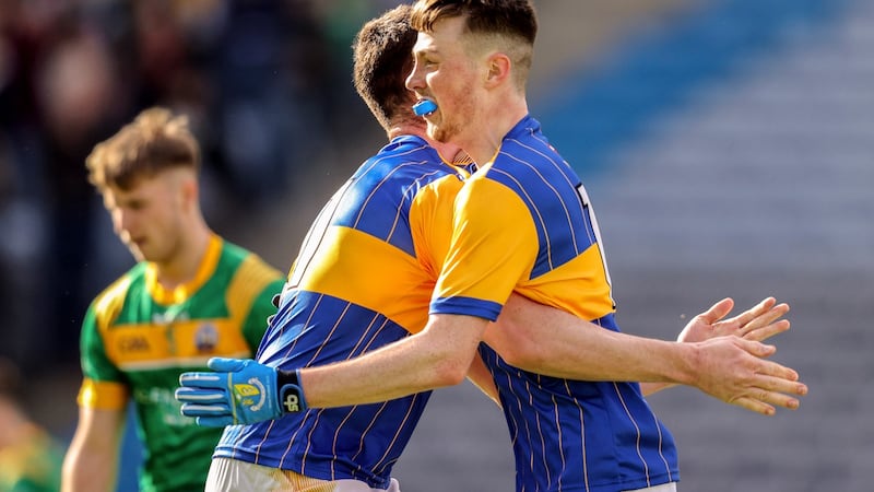 Naas CBS’s Kevin Cummins is congratulated by Jack Taafe after scoring a goal in the Masita All-Ireland Post Primary Schools Hogan Cup Final at Croke Park. Photograph: Tom Maher/Inpho