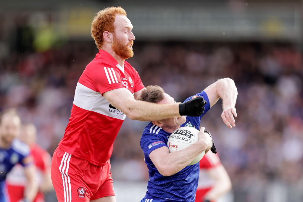 Monaghan's Karl O'Connell and Conor Glass of Derry in the Ulster SFC semi-final at O'Neill's Healy Park, Omagh, Co Tyrone on April 29th. Photograph: Laszlo Geczo/Inpho