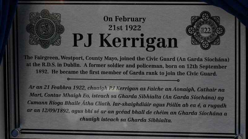 A plaque commemorating the first member of An Garda Síochana, PJ Kerrigan. Photograph: Garda Síochana/Twitter