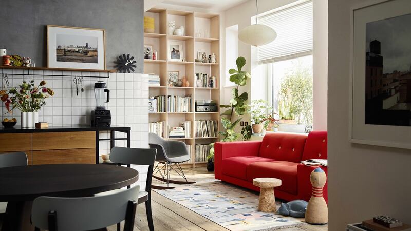 Minima furniture classics, from left, Basel chair by Jasper Morrison €385, Guéridon table by Jean Pouve from €1,960, RAR rocking chair by Eames upholstered front from €780 and Polder sofa by Hella Jongerius from €5,990.