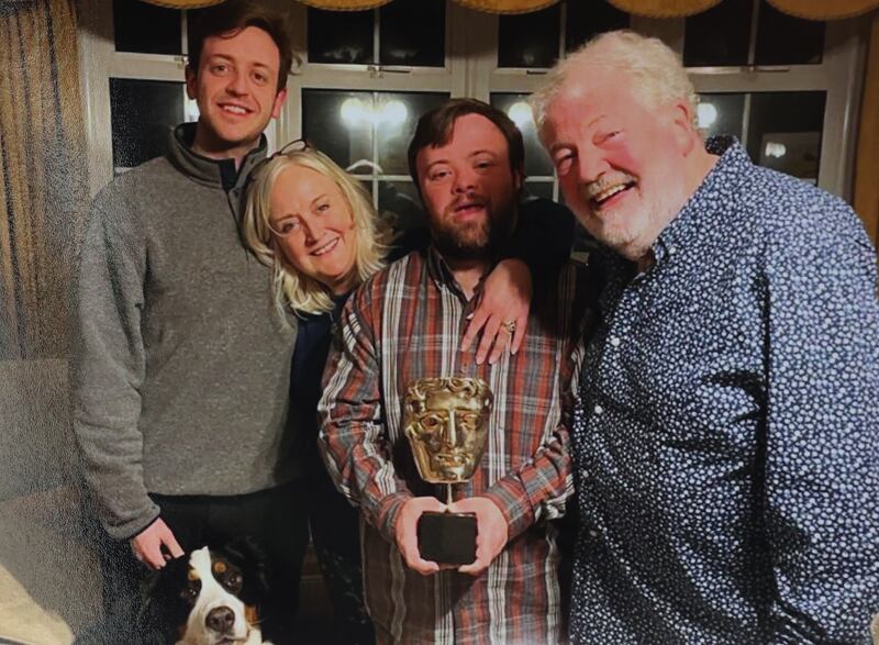 A good-luck message for James Martin with brother Daniel, mother Suzanne and father Ivan, before An Irish Goodbye won the Oscar. Photograph: Martin family