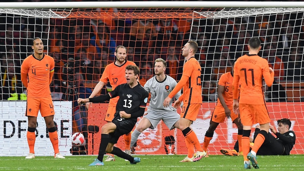 Germany Thomas Müller celebrates open the scoring during the friendly international against the Netherlands at the Johan Cruyff Arena in Amsterdam. Photograph: John Thys/AFP via Getty Images