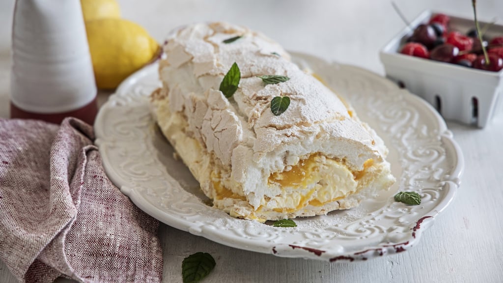 Lemon curd meringue roulade. Photograph: Harry Weir