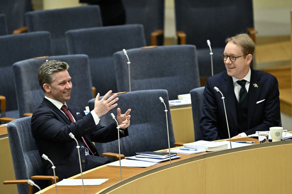 Sweden's ministers Pal Jonsson and Tobias Billstrom before Nato vote. Photograph: Anders Wiklund/TT News Agency/AFP/Sweden OUT/Getty Images