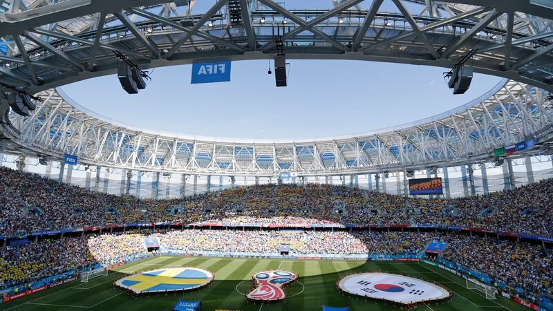 The Nizhny Novgorod stadium during the World Cup match between Sweden and South Korea. It has the feel of a ground that will remain empty for long, long period after this summer. Photograph: AP Photo/Michael Sohn