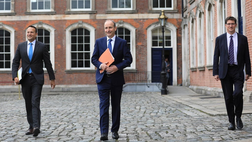 Tánaiste Leo Varadkar, Taoiseach Micheál Martin and Minister for Climate Action Eamon Ryan at Dublin Castle for the post-Cabinet press briefing on Thursday. Photograph: Julien Behal Photography/PA Wire