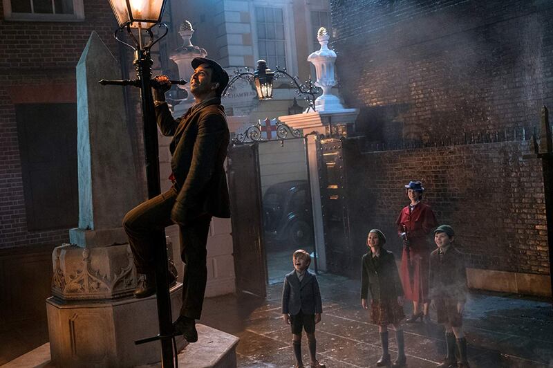 Lin-Manuel Miranda, Emily Blunt, Pixie Davies, Nathanael Saleh, and Joel Dawson in Mary Poppins Returns. Photograph: Disney