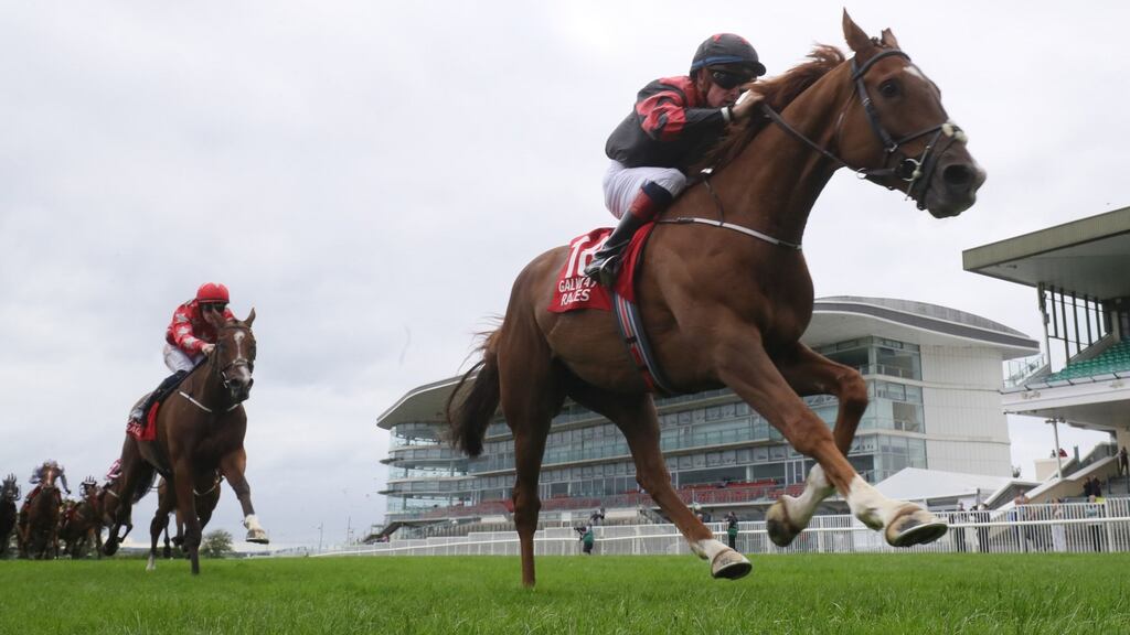 Crowns Major ridden by jockey Wesley Joyce on their way to winning the Galway Shopping Centre Handicap on Saturday. Photograph: Brian Lawless/PA Wire