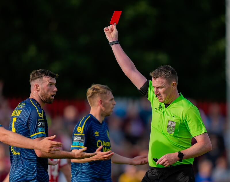Referee David MacGraith shows Sligo Rover's Patrick McClean a red card. Photograph: James Lawlor/Inpho