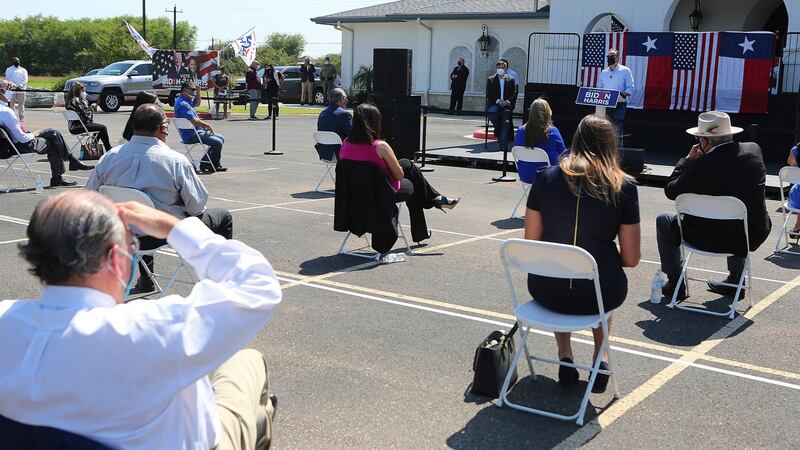 Supporters sit apart as they listen to US vice presidential candidate Kamala Harris’ husband Douglas Emhoff speak at a Hidalgo County Democratic Party voter registration drive in Edinburg, Texas. Photograph: Joel Martinez/The Monitor via AP