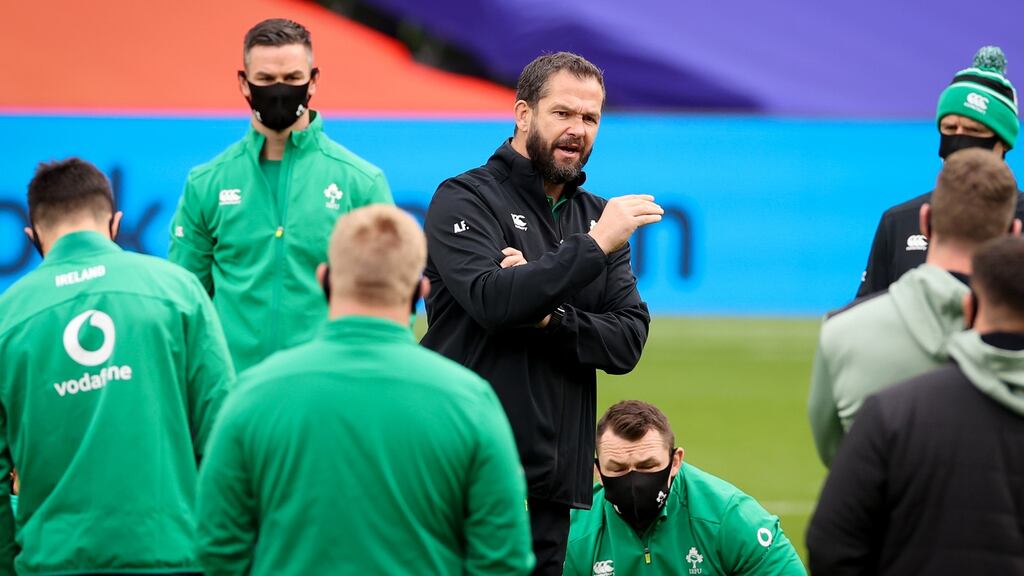 Ireland head coach Andy Farrell speaks to his players at the Aviva Stadium. Photograph: Billy Stickland/Inpho
