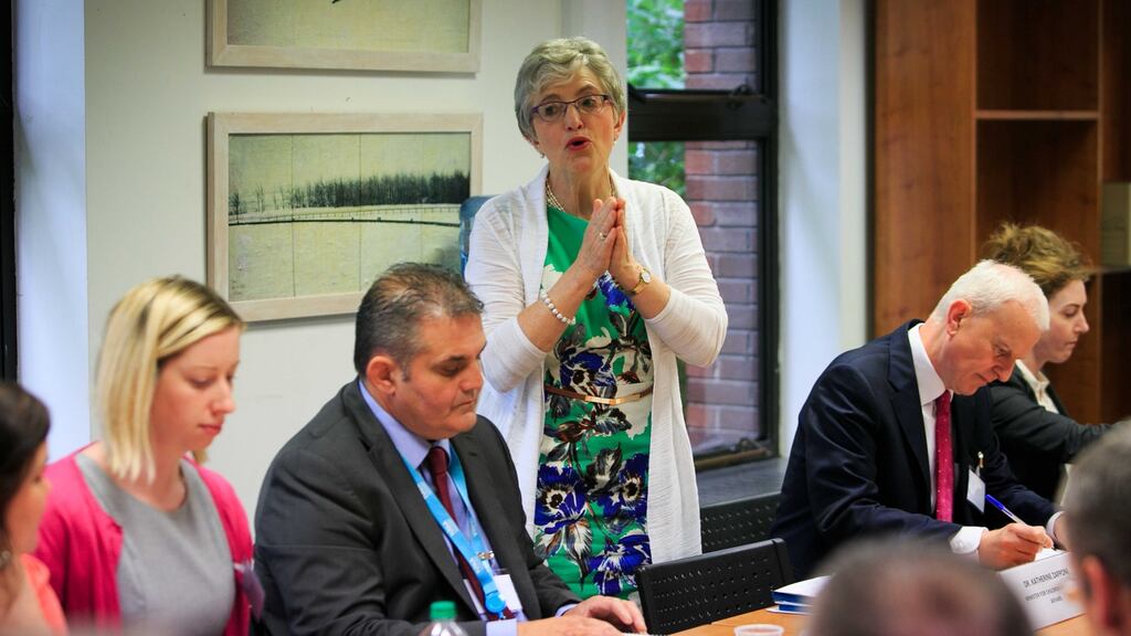 Minister for Children and Youth Affairs, Katherine Zappone speaking to frontline homeless agencies to discuss measures to assist homeless children. Photograph: Gareth Chaney Collins