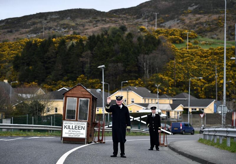 A mock customs post is erected on the Border as the Border Communities Against Brexit group hold a protest in Newry on Friday. Photograph: Charles McQuillan/Getty
