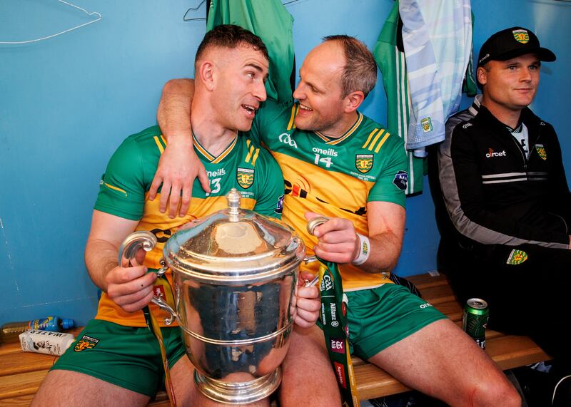 Donegal's Patrick McBrearty and Michael Murphy celebrate with the Ulster trophy on May 10th. Photograph: Ben Brady/Inpho