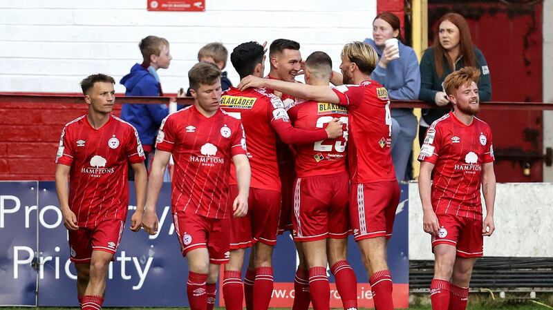 Shelbourne’s Sean Boyd celebrates scoring against Drogheda United at Tolka Park. Photograph: Laszlo Geczo/Inpho