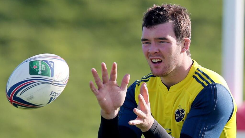 Munster captain Peter O’Mahony in training with the squad at Limerick University yesterday. Photo: Dan Sheridan/Inpho