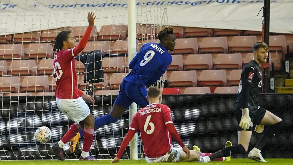 Chelsea’s Tammy Abraham celebrates after scoring the opening goal of the FA Cup fifth round win over Barnsley at the Oakwell Stadium. Photo: Dave Thompson/POOL/AFP via Getty Images