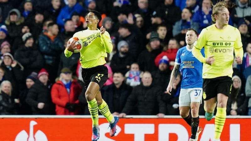 Borussia Dortmund’s Jude Bellingham after scoring in the first half at Ibrox Stadium. Photograph: Jane Barlow/PA