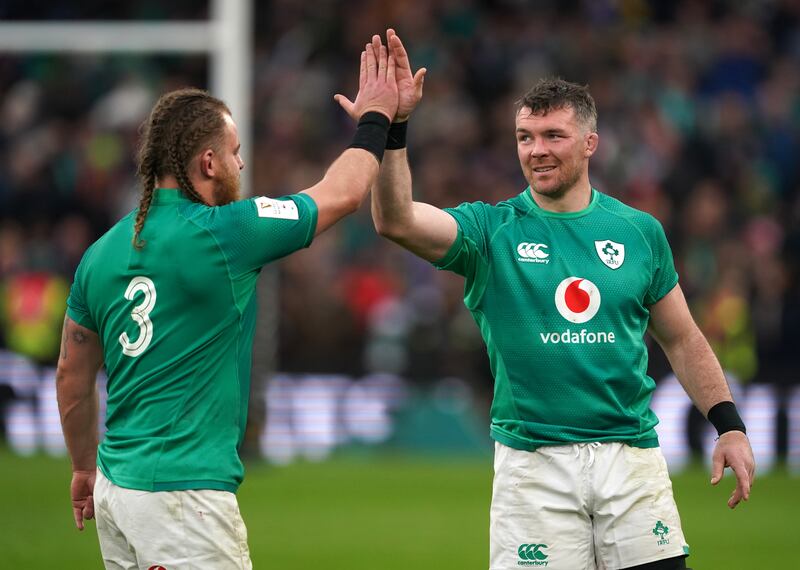 Ireland's Finlay Bealham and Peter O'Mahoney celebrate at the Aviva. Photograph: PA