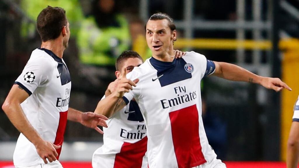 Paris Saint-Germain’s Zlatan Ibrahimoviccelebrates after scoring one of his four against Anderlecht in Brussels. Photograph: Francois Lenoir/Reuters