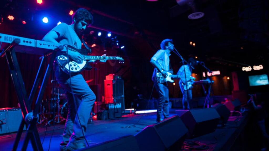 Members of indie band the Yellow Dogs (L-R) Soroush Farazmand, Siavash ‘Obash’ Karampour and Koory Mirz perform at the Brooklyn Bowl in Williamsburg neighbourhood in New York. Photograph: Ray Thomas/Handout via Reuters.