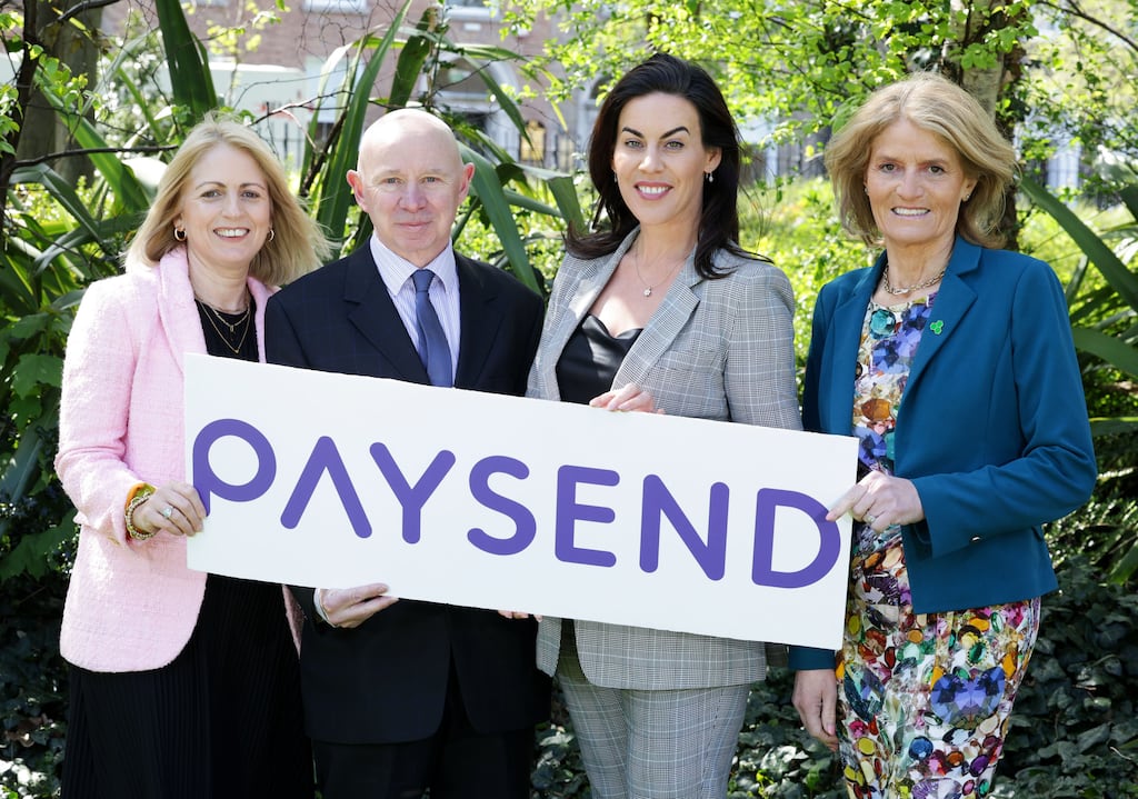 At the launch in Dublin were (l-r) Céline Singleton, Paysend Europe chief executive; Ronald Millar, Paysend group chief executive; Jennifer Carroll MacNeill, Minister of State at the Department of Finance; and Mary Buckley, IDA Ireland executive director. Photograph: Maxwells