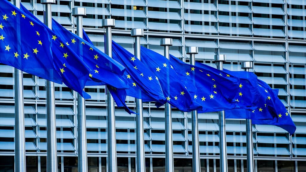 European flags  in front of the European Commission in Brussels. Photograph: Epa/Stephanie Lecocq