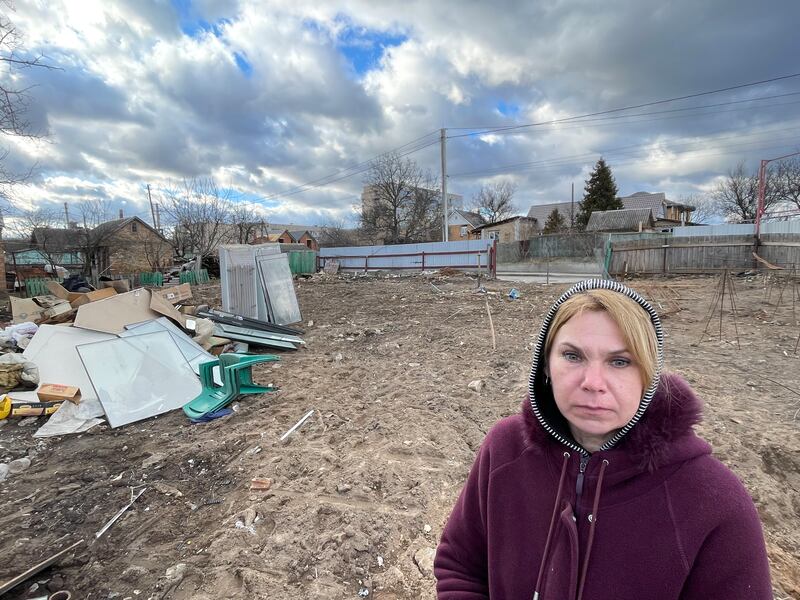 Iryna Abramova's husband Oleh was shot dead by Russian troops during their occupation of Bucha last year, and their family's house in the Kyiv suburb was burned down and later demolished. Photograph: Daniel McLaughlin