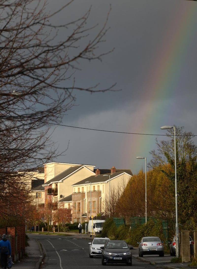 A rainbow over Hampton Wood, Finglas, Dublin 11. Photograph: Dara Mac Dónaill/The Irish Times
