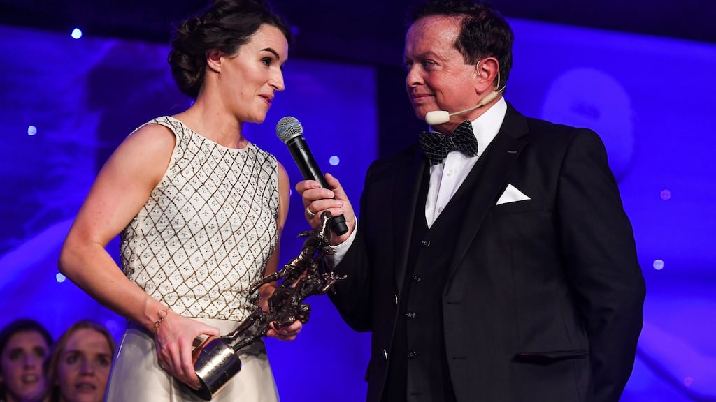 Sinéad Aherne of Dublin speaking with MC Marty Morrissey after winning the TG4 Senior Players’ Player of the Year Award during the TG4 Ladies Football All Stars Awards at the Citywest Hotel in Dublin. Photograph: Brendan Moran/Sportsfile