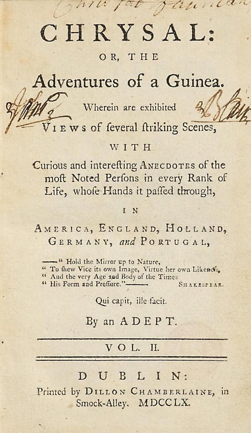 The title page of the second volume of Chrysal, or The Adventures of a Guinea, printed in Dublin in 1760. Photograph: British Library