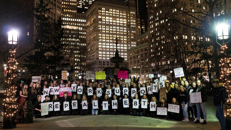 The ‘New York Stands with Strike for Repeal’ event took place alongside the International Women’s March New York City on March 8th. Photograph: Claire McGirr