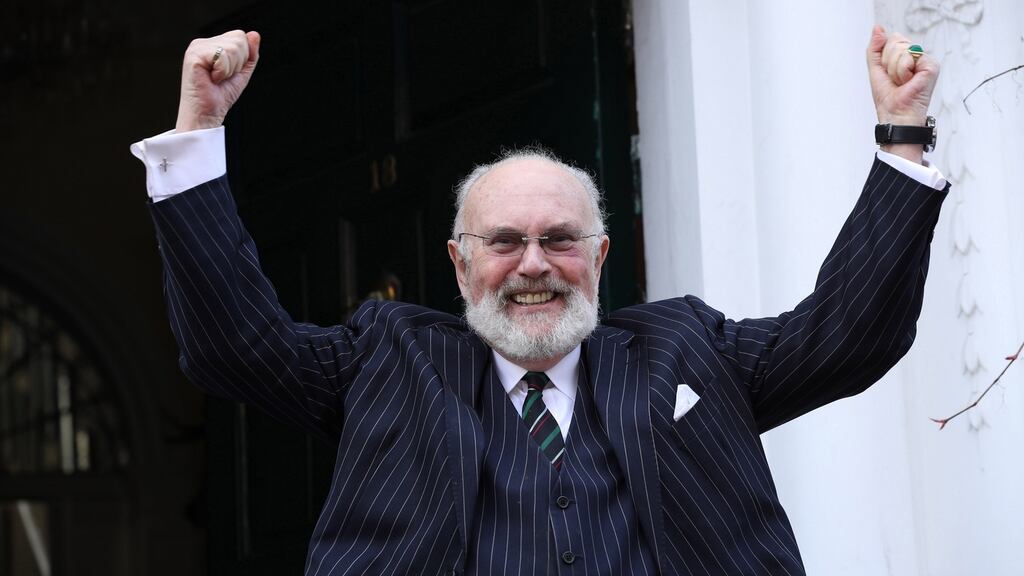 Senator David Norris celebrates at home after hearing the news of his success in the Seanad elections. Photograph: Mark Maxwell/Maxpix