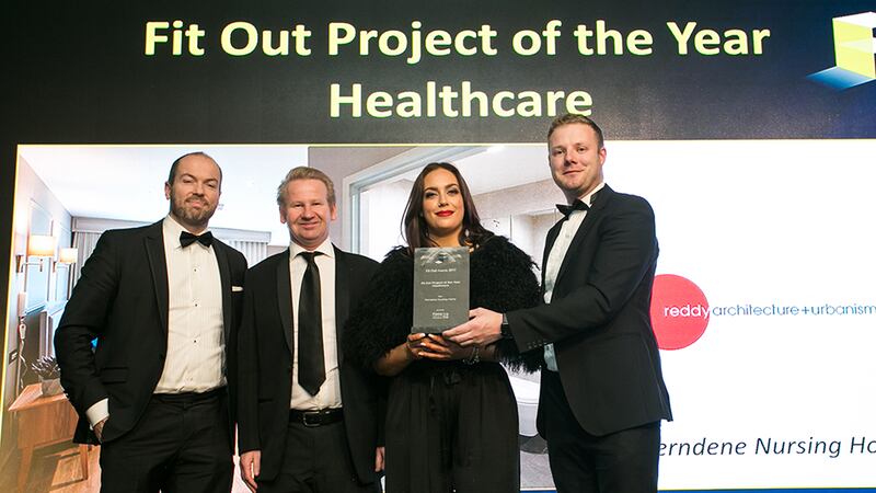 Gerard de Brún, Director, Fiontar Safety Management presents the Fit Out Project of the Year - Healthcare award to the Mike Freaney & Danielle Delaney, Reddy Architecture + Urbanism and Ronan Willis, Willis Care Group
