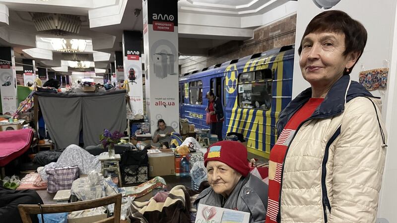 Nina (right) and Svitlana have been living for weeks in a metro station in Kharkiv, eastern Ukraine, rather than risking a return home to the Saltivka district that Russia has repeatedly shelled.